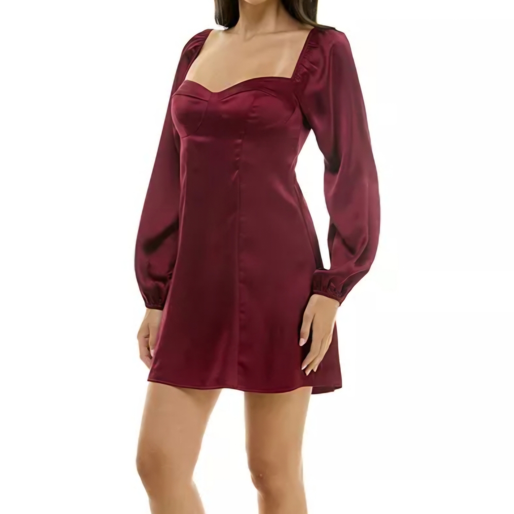 B Darlin Burgundy Satin Long Sleeve Short Mini Dress 5/6 7/8